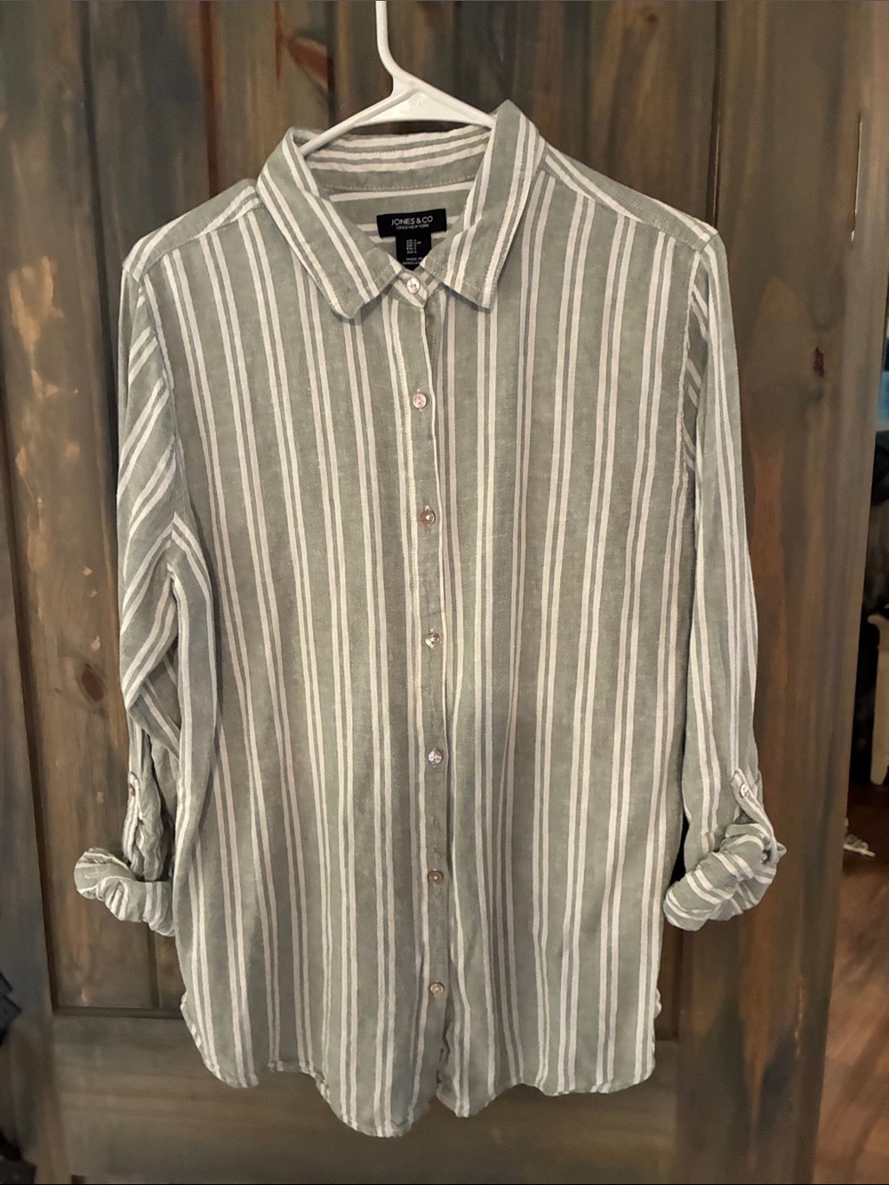 Jones New York Olive-Green and White Striped Button-Down Shirt